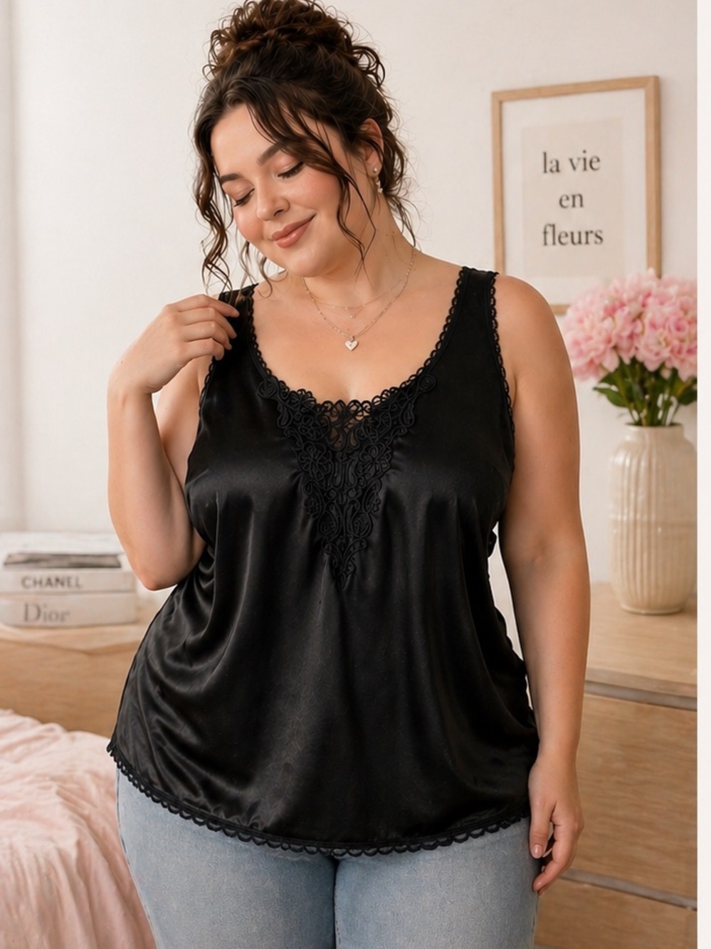 Vintage Honors Intimates Black Satin Lace Camisole Top 3X Silky Lingerie Tank